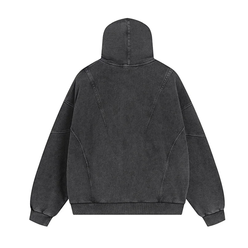 Y2K Acid Washed Panelled Plain Zip Up Hoodie