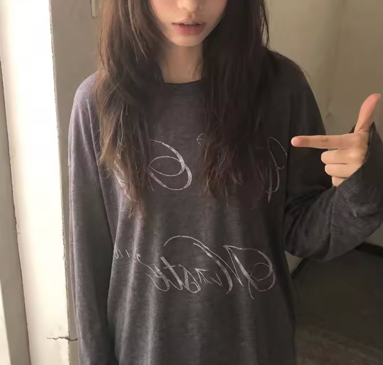 Y2K Aesthetic Letter Print Graphic Long Sleeve Top