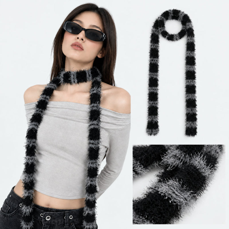 Y2K Aesthetic Long Black Grey Striped Thin Scarf