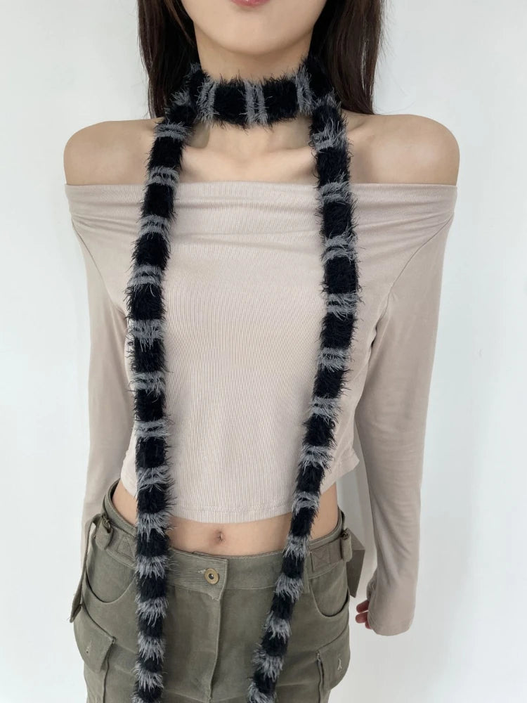 Y2K Aesthetic Long Black Grey Striped Thin Scarf