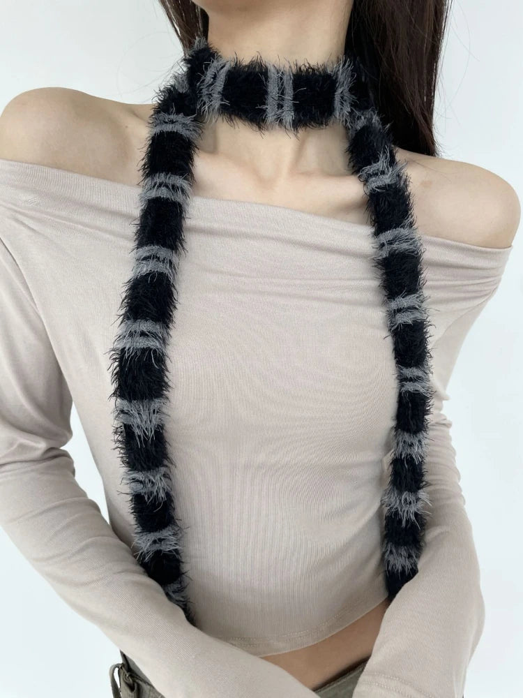 Y2K Aesthetic Long Black Grey Striped Thin Scarf