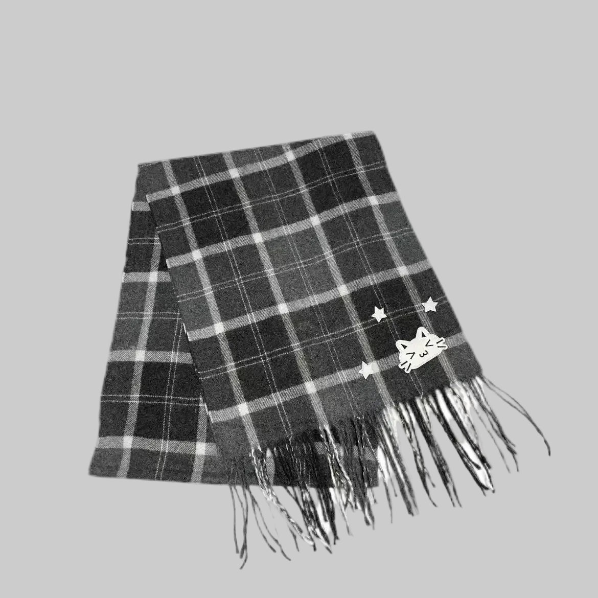Y2K Aesthetic Vintage Kawaii Cat Embroidered Plaid Scarf
