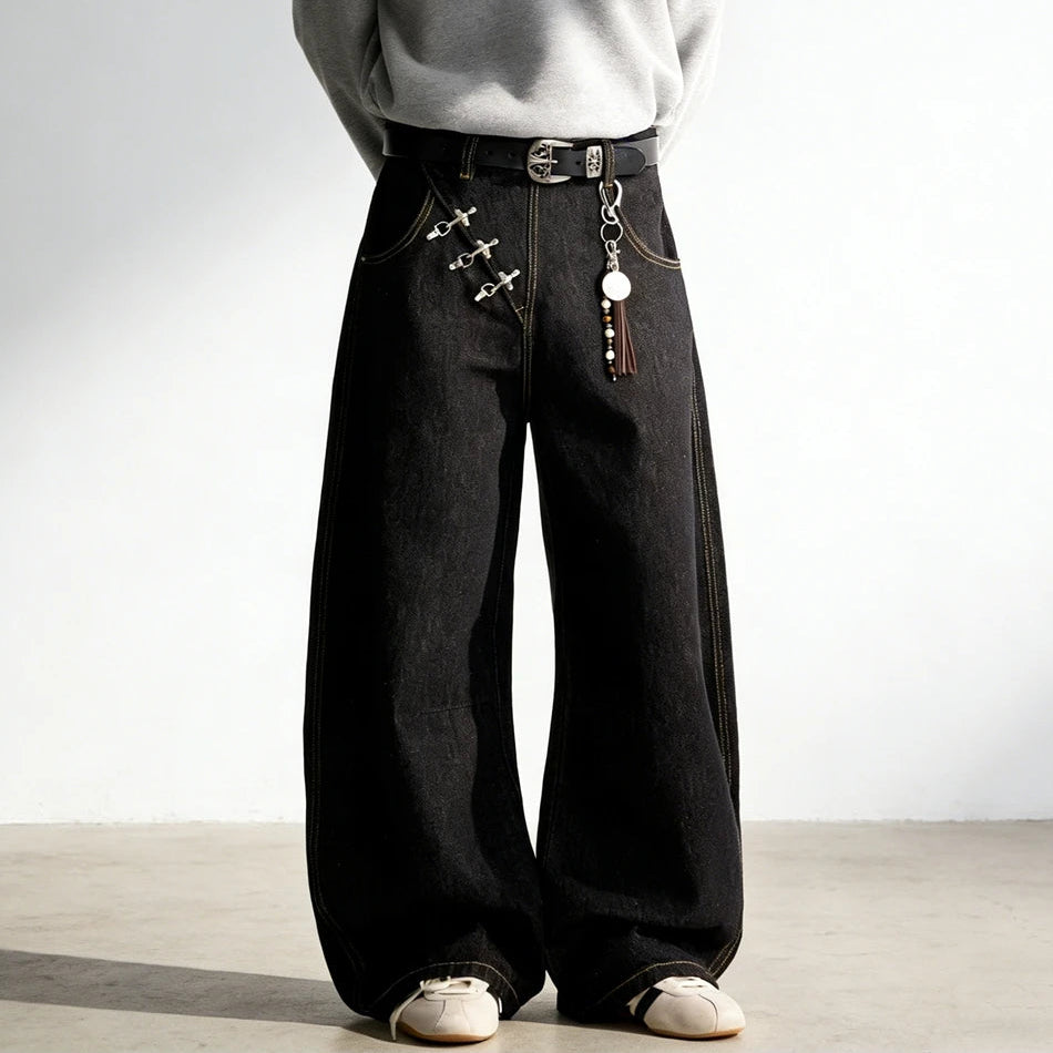 Y2K Airplane Button Design Black Baggy Barrel Jeans