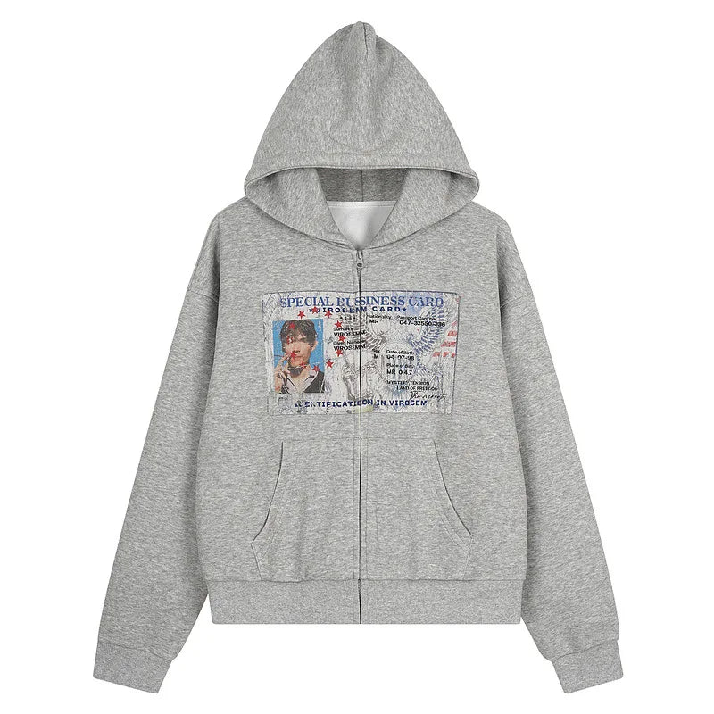 Y2K American ID Graphic Zip Up Hoodie