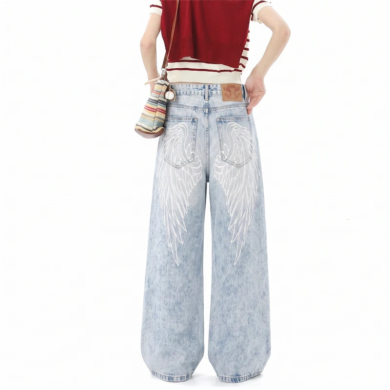 Y2K American Wing Print Wide Leg Relaxed Jeans