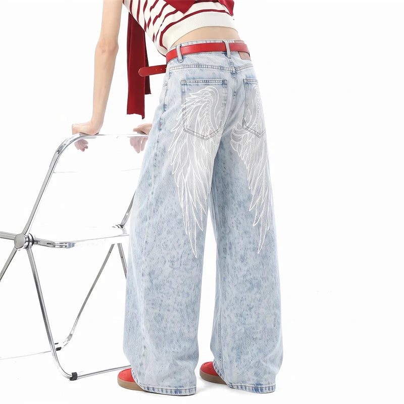 Y2K American Wing Print Wide Leg Relaxed Jeans