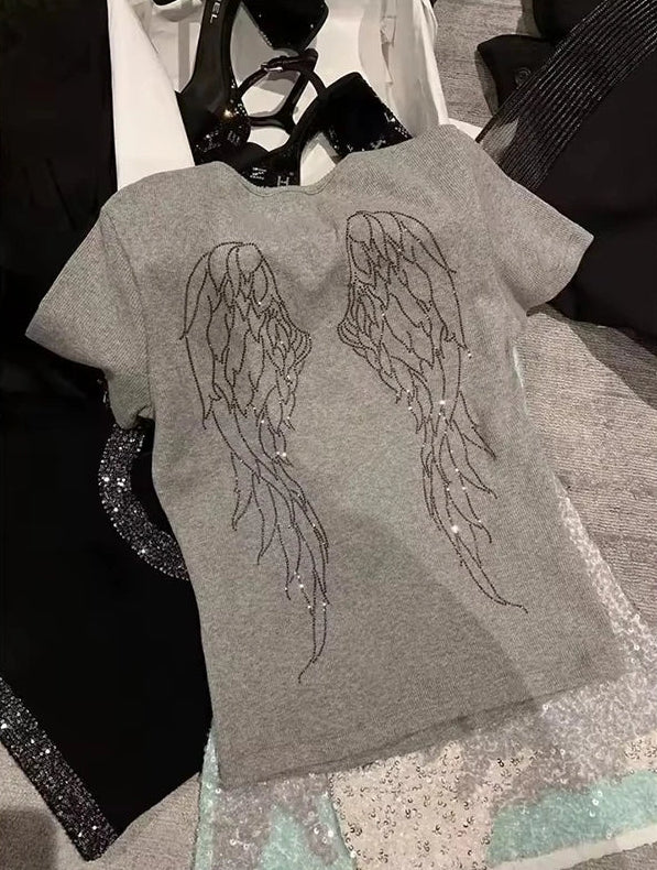 Y2K Angel Wings Rhinestone Graphic T Shirt