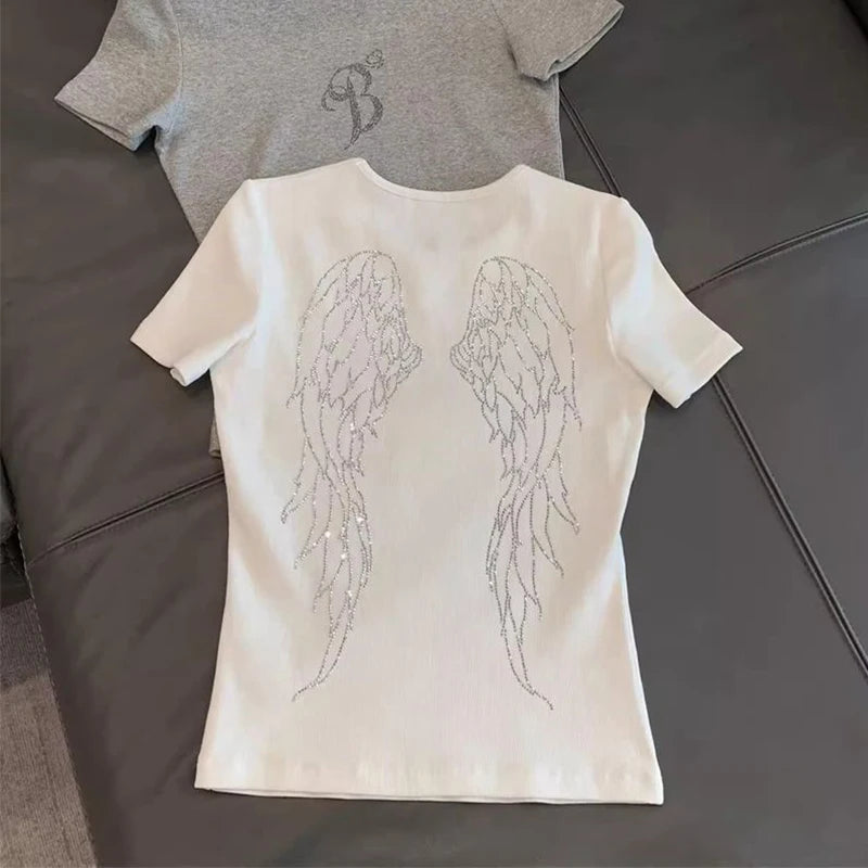 Y2K Angel Wings Rhinestone Graphic T Shirt