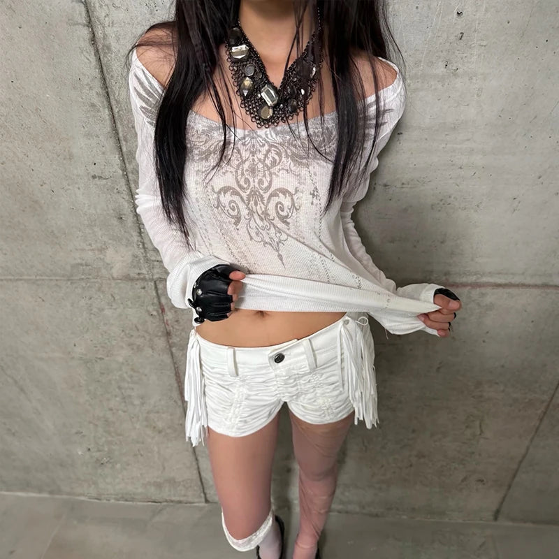 Y2K Angelic Wings Tattoo Graphic Grunge Long Sleeve Top