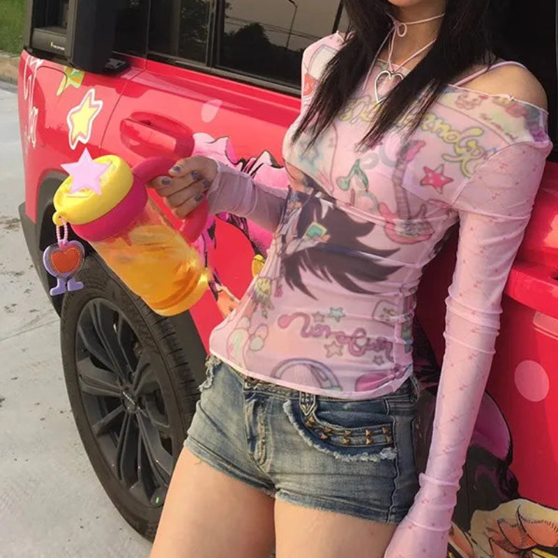 Y2K Anime Print Sheer Mesh Top