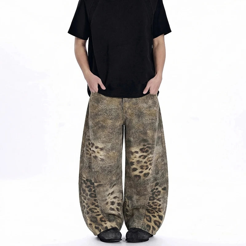 Y2K Avant Garde Leopard Print Oversized Wide Leg Barrel Jeans