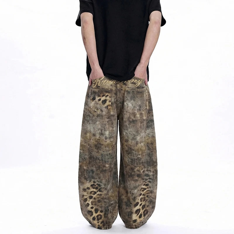 Y2K Avant Garde Leopard Print Oversized Wide Leg Barrel Jeans
