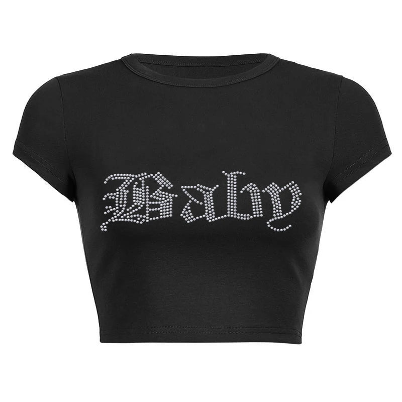 Y2K Baby Rhinestone Graphic Crop Baby Tee