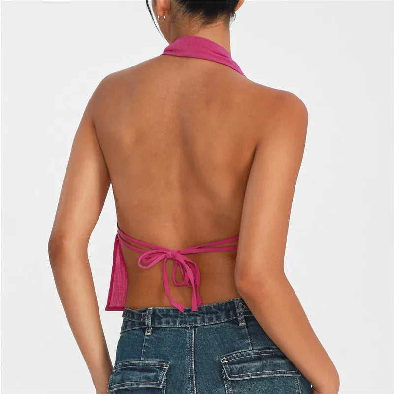 Y2K Backless V-Neck Halter Tank Top