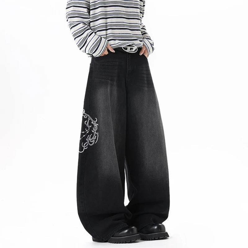 Y2K Baggy Black Accessorised Embroidered Jeans