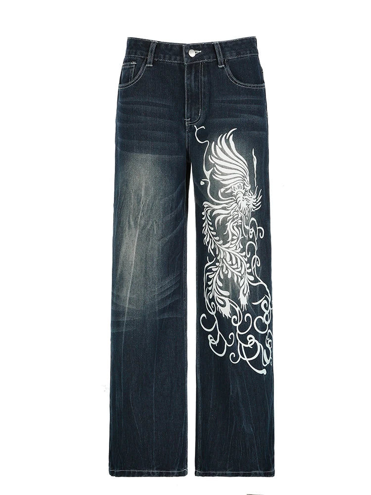 Y2K Baggy Low Rise Print Denim Jeans