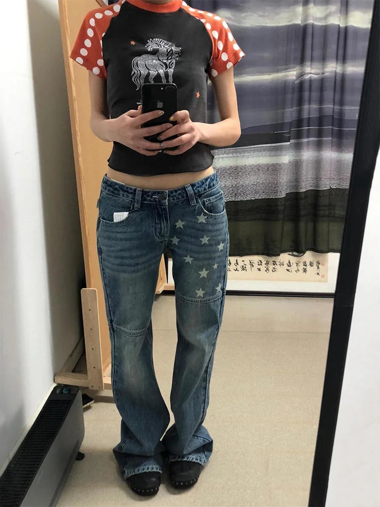 Y2K Baggy Low Rise Print Denim Jeans