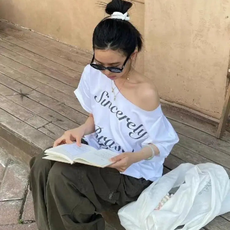 Y2K Baggy White Off Shoulder Graphic Top