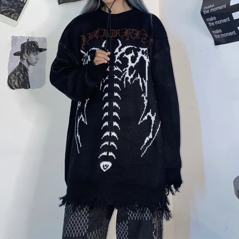 Y2K Bat Skeleton Graphic Knitted Sweater