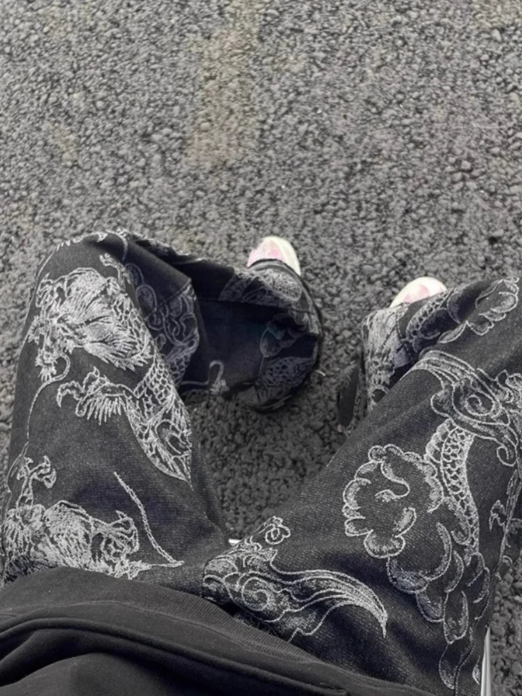 Y2K Black Dragon Print High Waist Straight Wide Leg Jeans