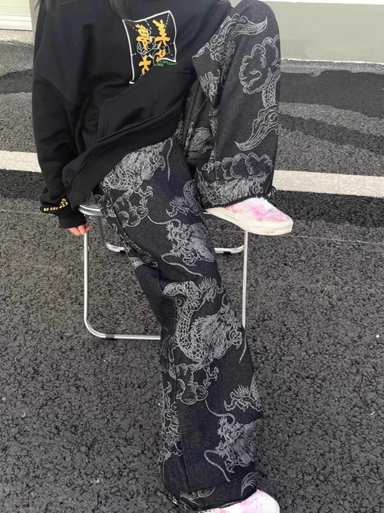 Y2K Black Dragon Print High Waist Straight Wide Leg Jeans