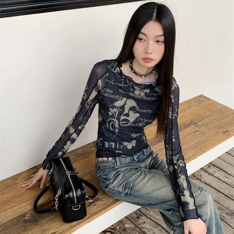 Y2K Black Frill Mesh Long Sleeve Top