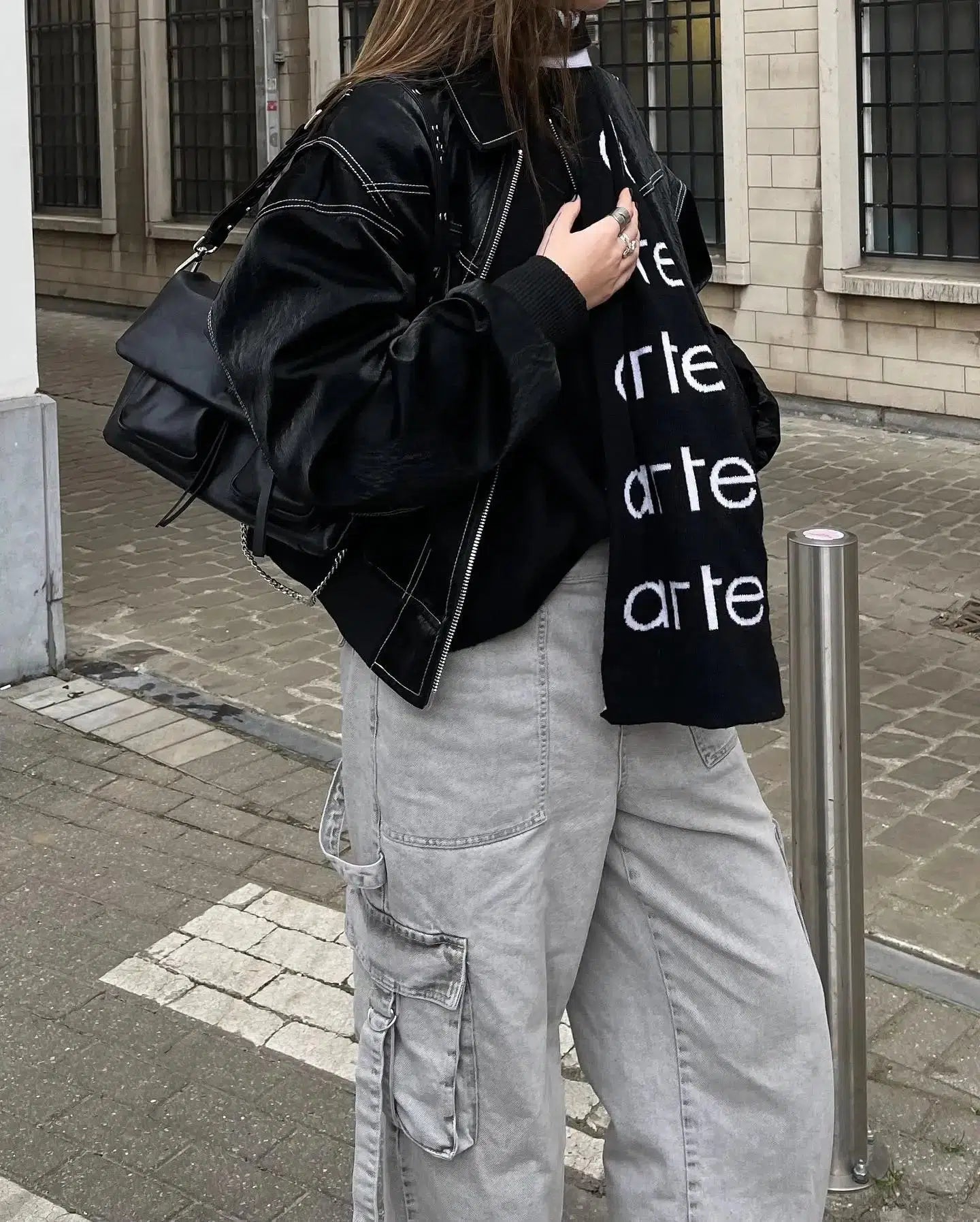 Y2K Black Leather Bomber Jacket