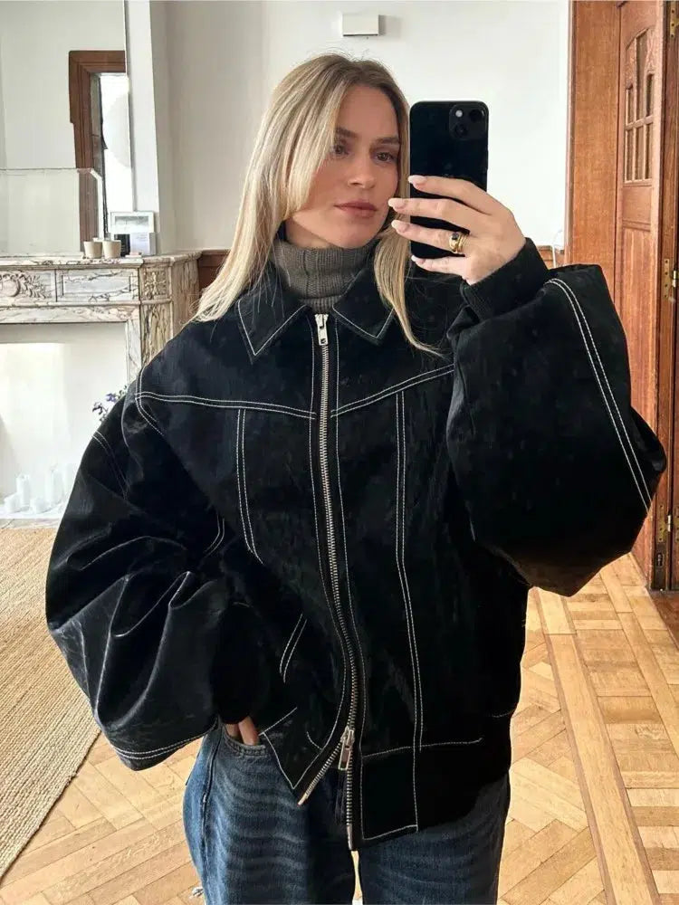 Y2K Black Leather Bomber Jacket