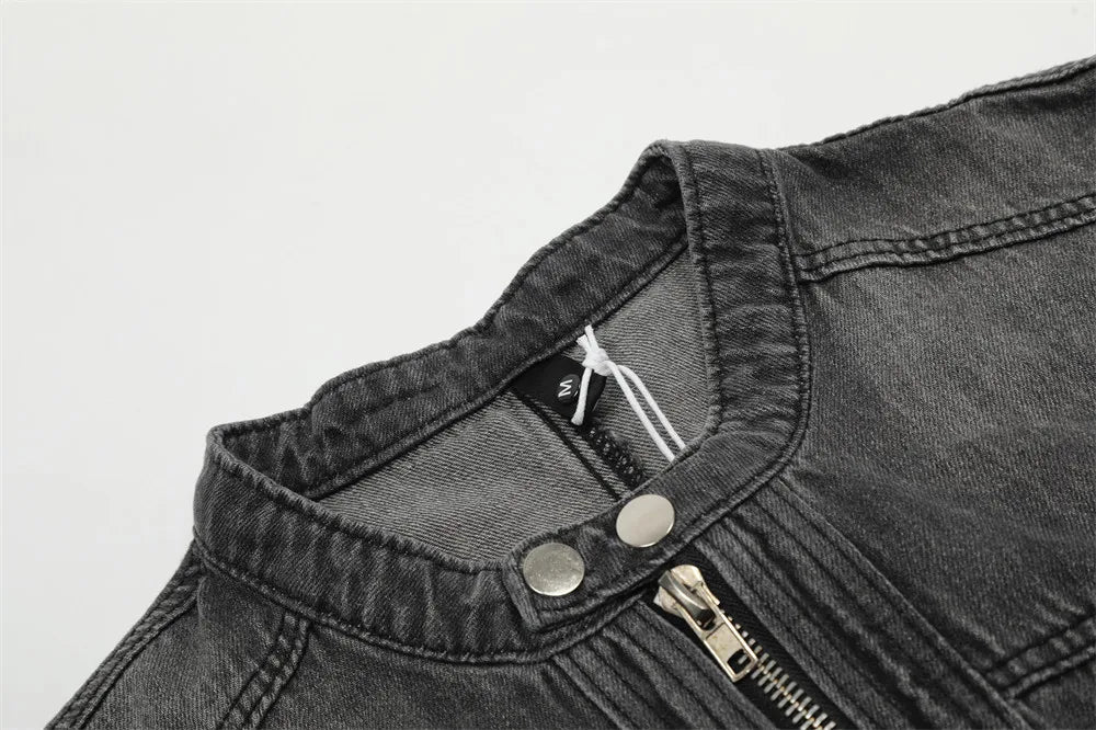Y2K Black Motorcycle Zip Up Denim Jacket
