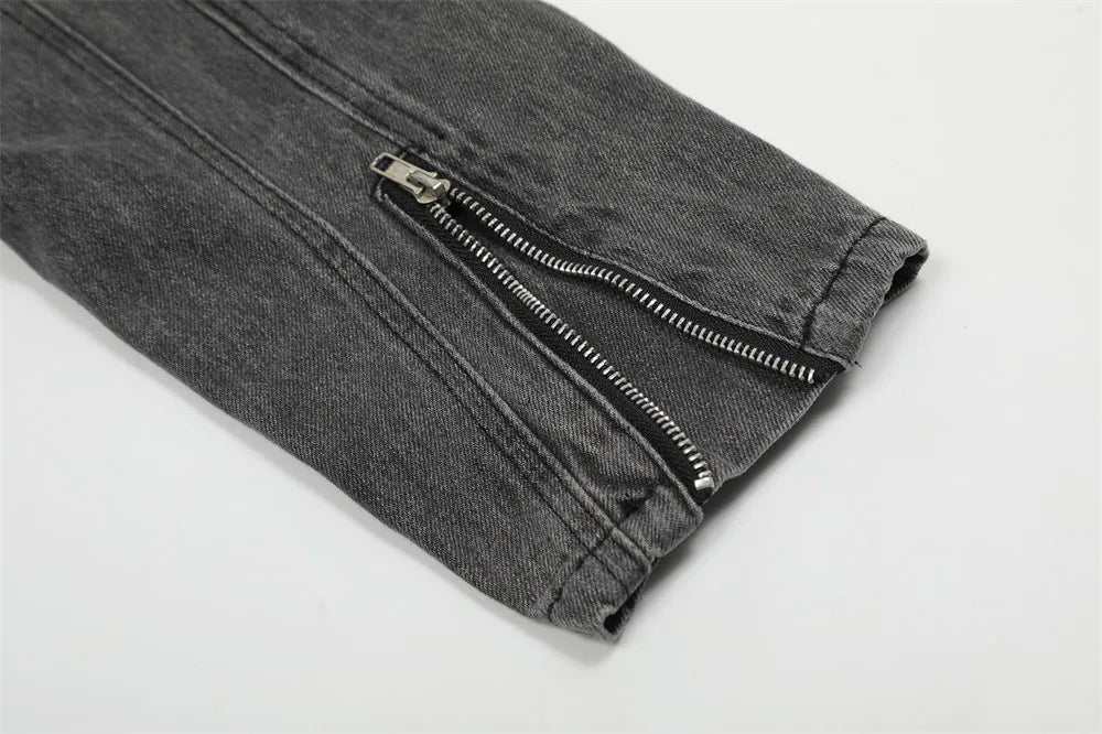 Y2K Black Motorcycle Zip Up Denim Jacket