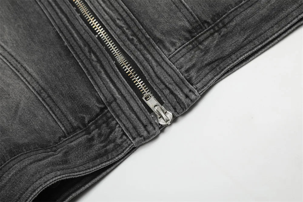 Y2K Black Motorcycle Zip Up Denim Jacket