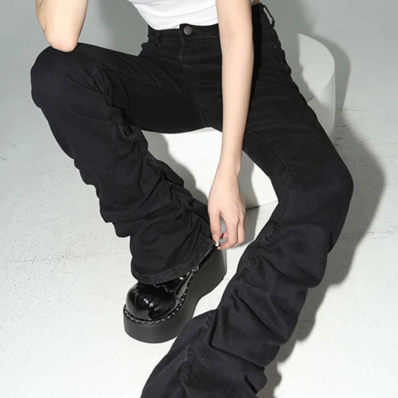 Y2K Black Stacked High Waist Flare Jeans