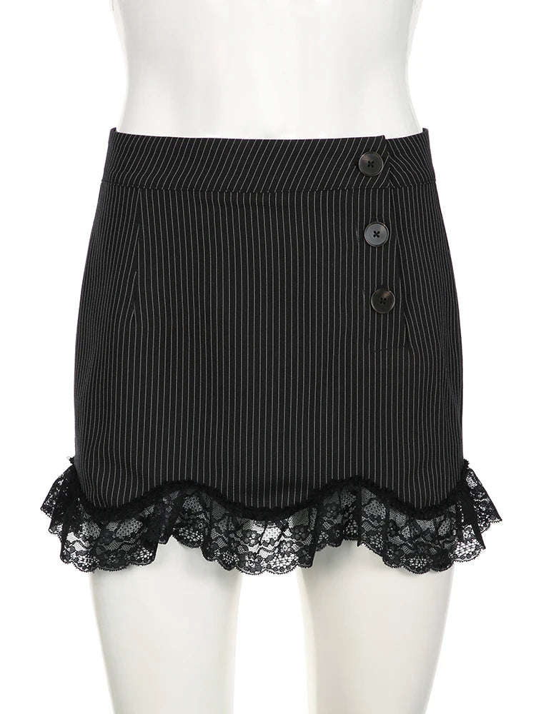 Y2K Black Striped Lace Frill Mini Skirt