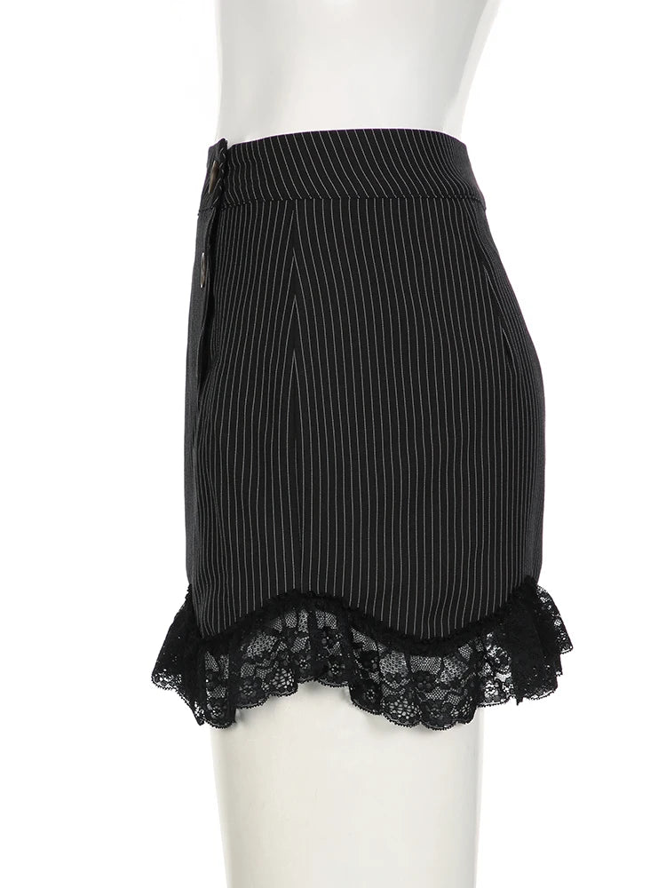 Y2K Black Striped Lace Frill Mini Skirt