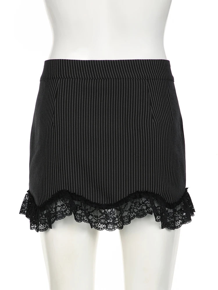 Y2K Black Striped Lace Frill Mini Skirt