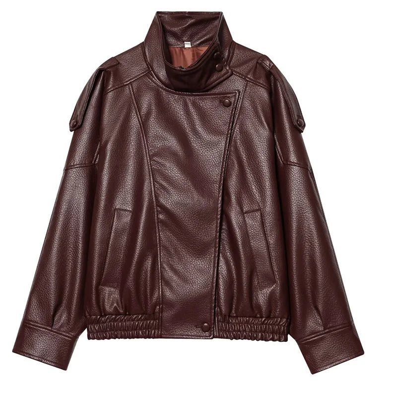 Y2K Black Womens Chef Button Faux Leather Jacket
