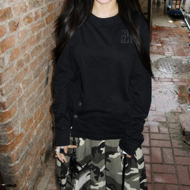 Y2K Black on Black Graphic Button Long Sleeve Top