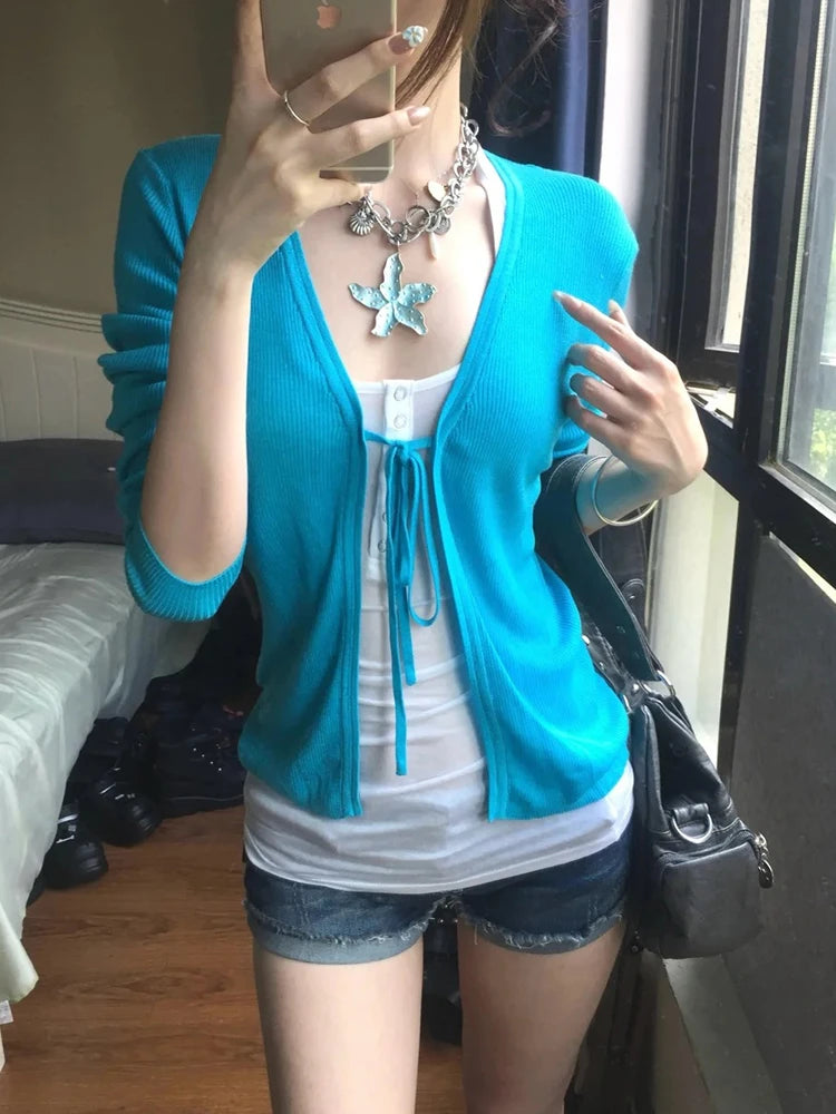 Y2K Blue Lace Up Long Sleeve Cardigan