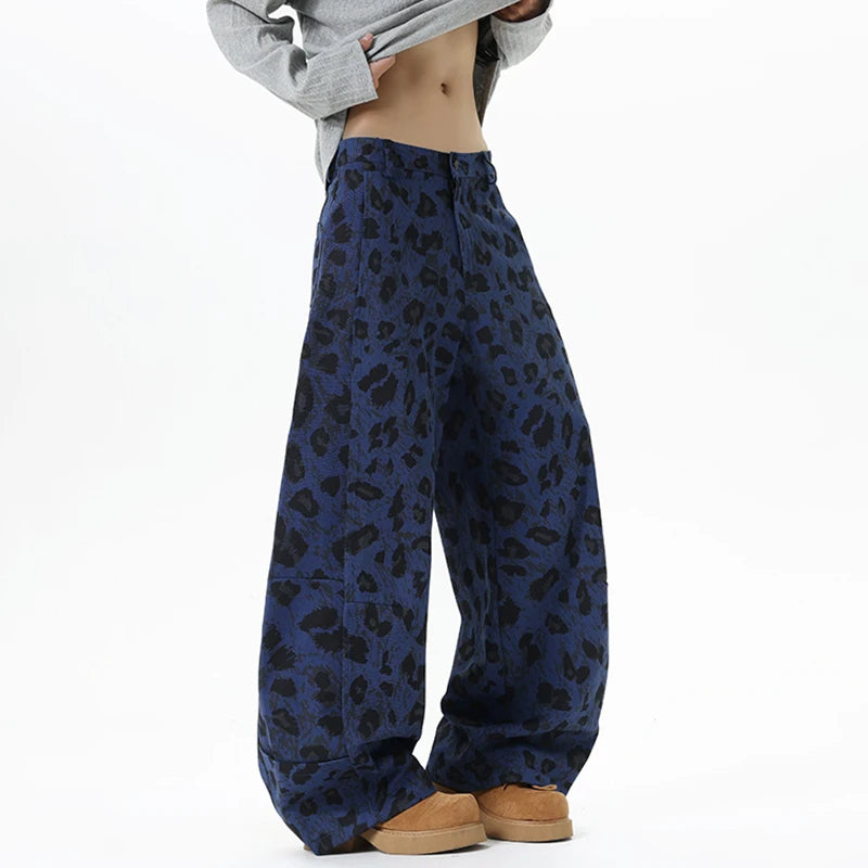 Y2K Blue Leopard Print Wide Leg Barrel Denim Jeans