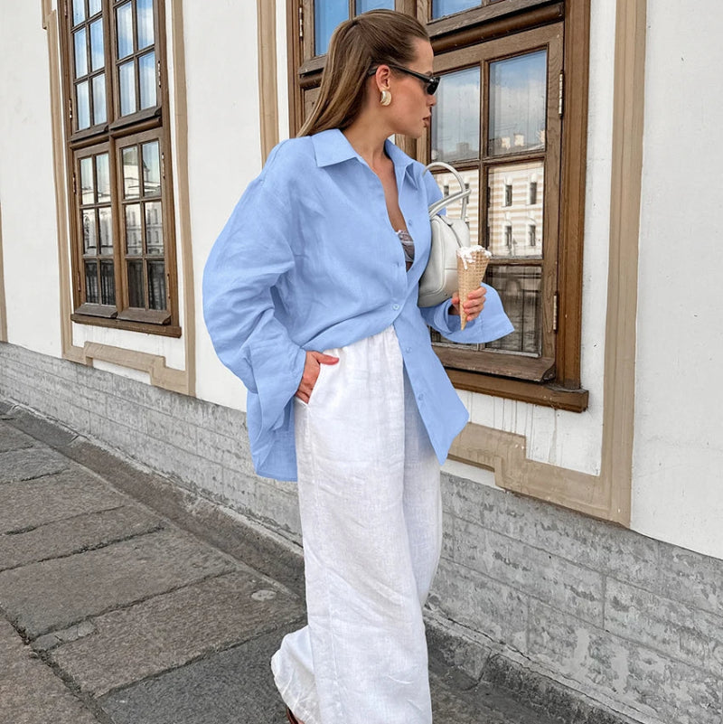 Y2K Blue Long Sleeve Button Up Blouse Shirt