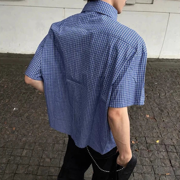 Y2K Blue Plaid Button Down Short Sleeve Shirt