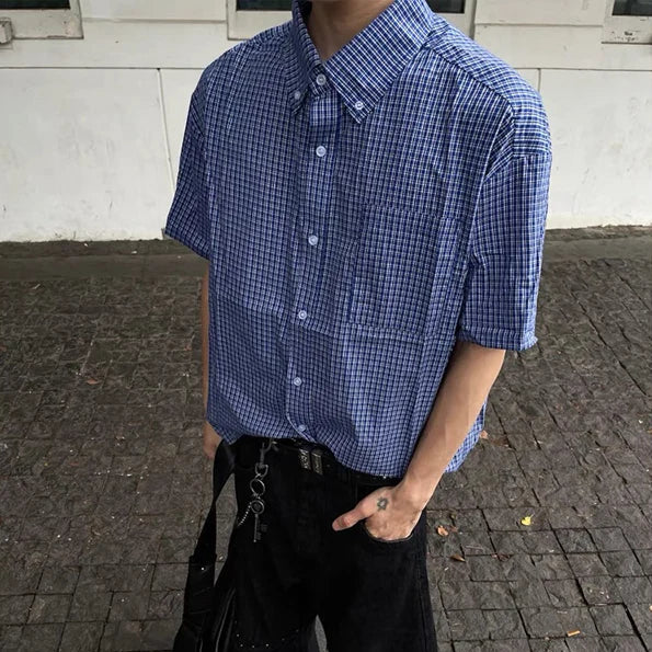 Y2K Blue Plaid Button Down Short Sleeve Shirt