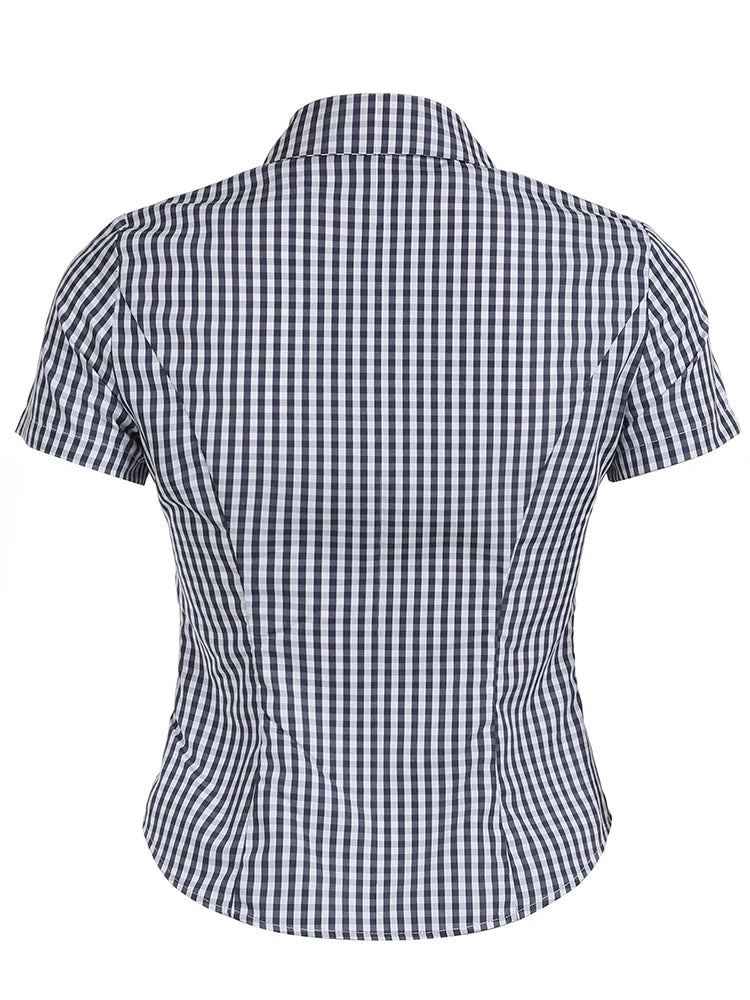 Y2K Blue Plaid Slim Button Up Short Sleeve Blouse Shirt