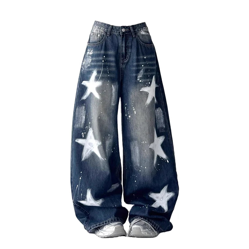 Y2K Blue Star Baggy Wide Leg Jeans