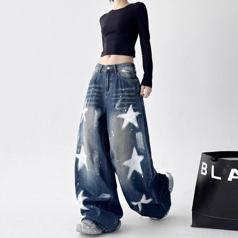 Y2K Blue Star Baggy Wide Leg Jeans