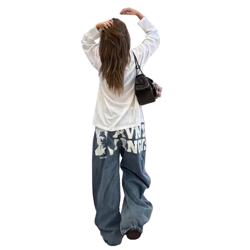 Y2K Blue Vintage Graphic High Waisted Baggy Jeans
