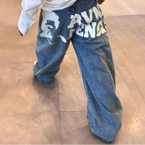 Y2K Blue Vintage Graphic High Waisted Baggy Jeans