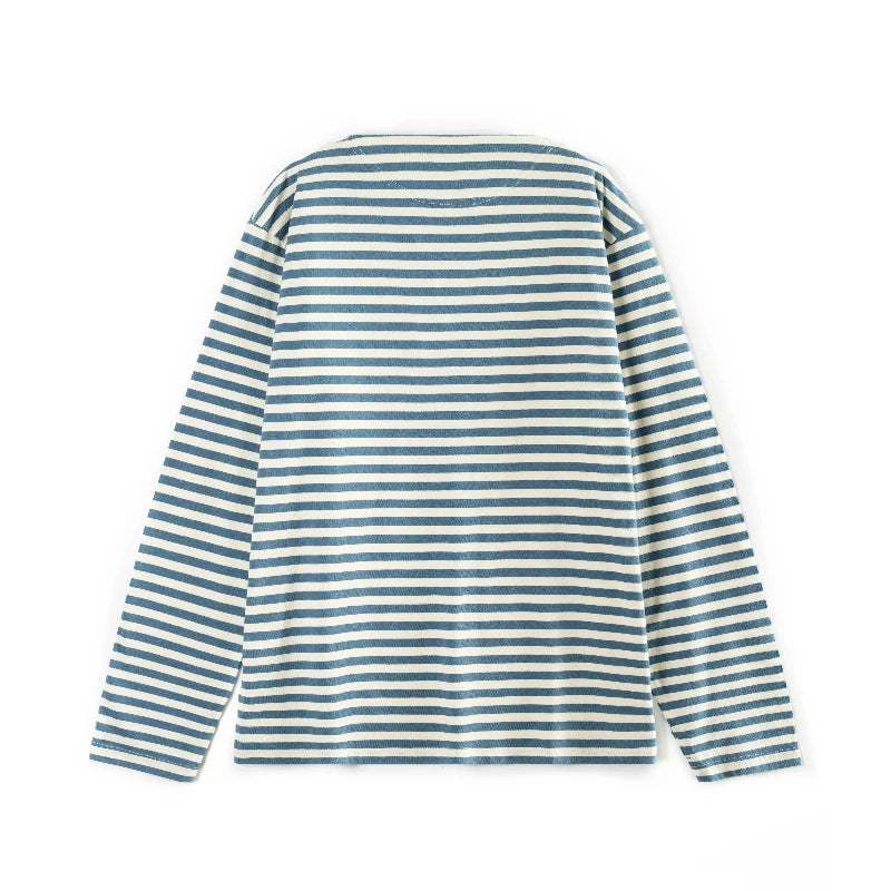 Y2K Blue and White Striped Sea Soul Long Sleeve Top