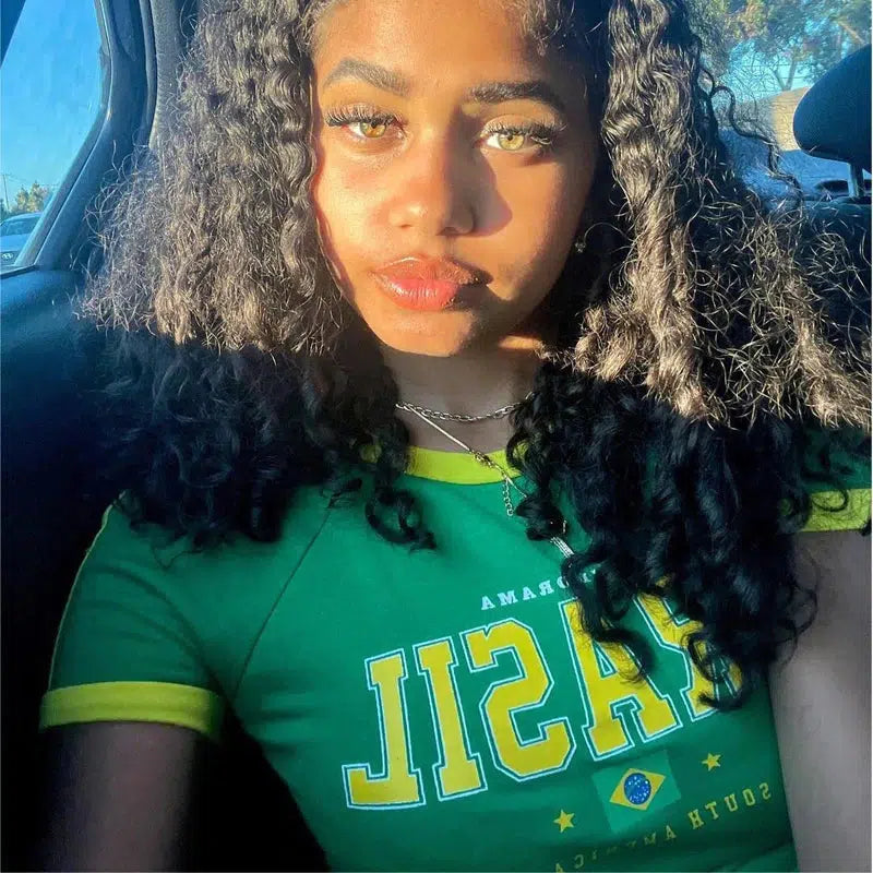 Y2K Brazil Green Striped Fitted Crop Top