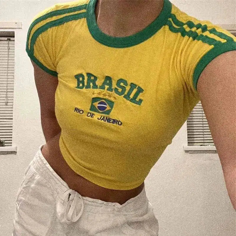 Y2K Brazil Striped Baby Tee Yellow